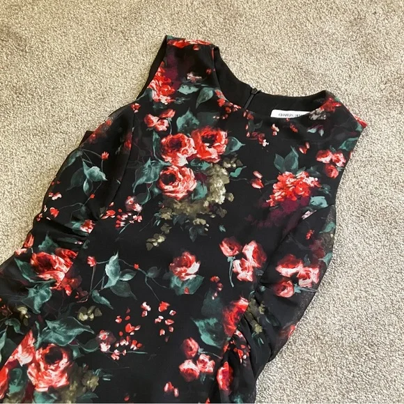 LAST CHANCE Charles Henry Ruched Side Chiffon Sleeveless Floral Midi Dress - Picture 2 of 3